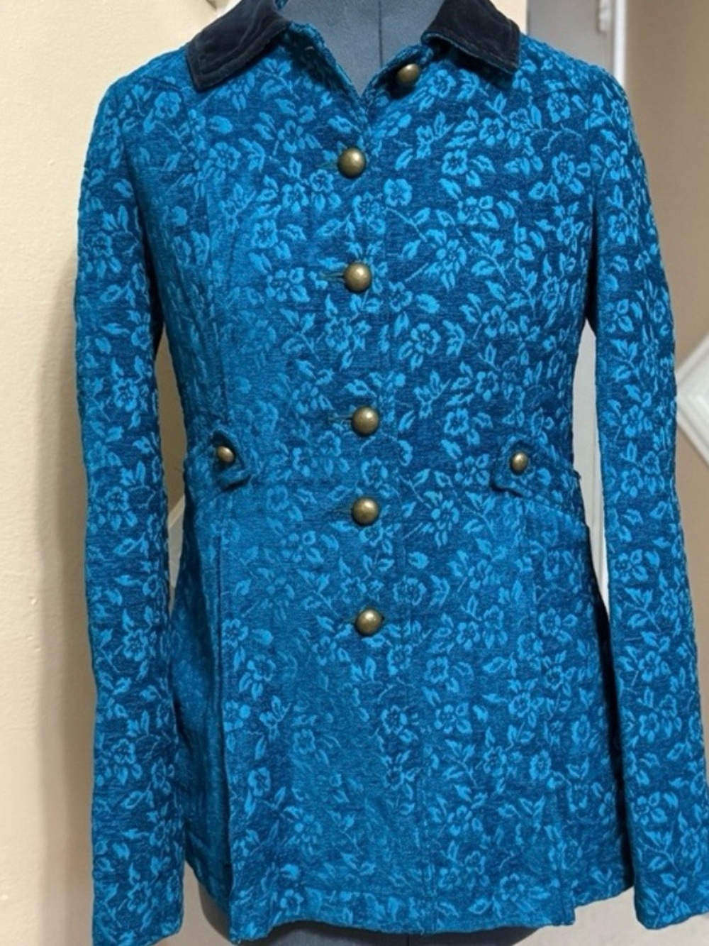Free People Teal Floral Textured Button Coat